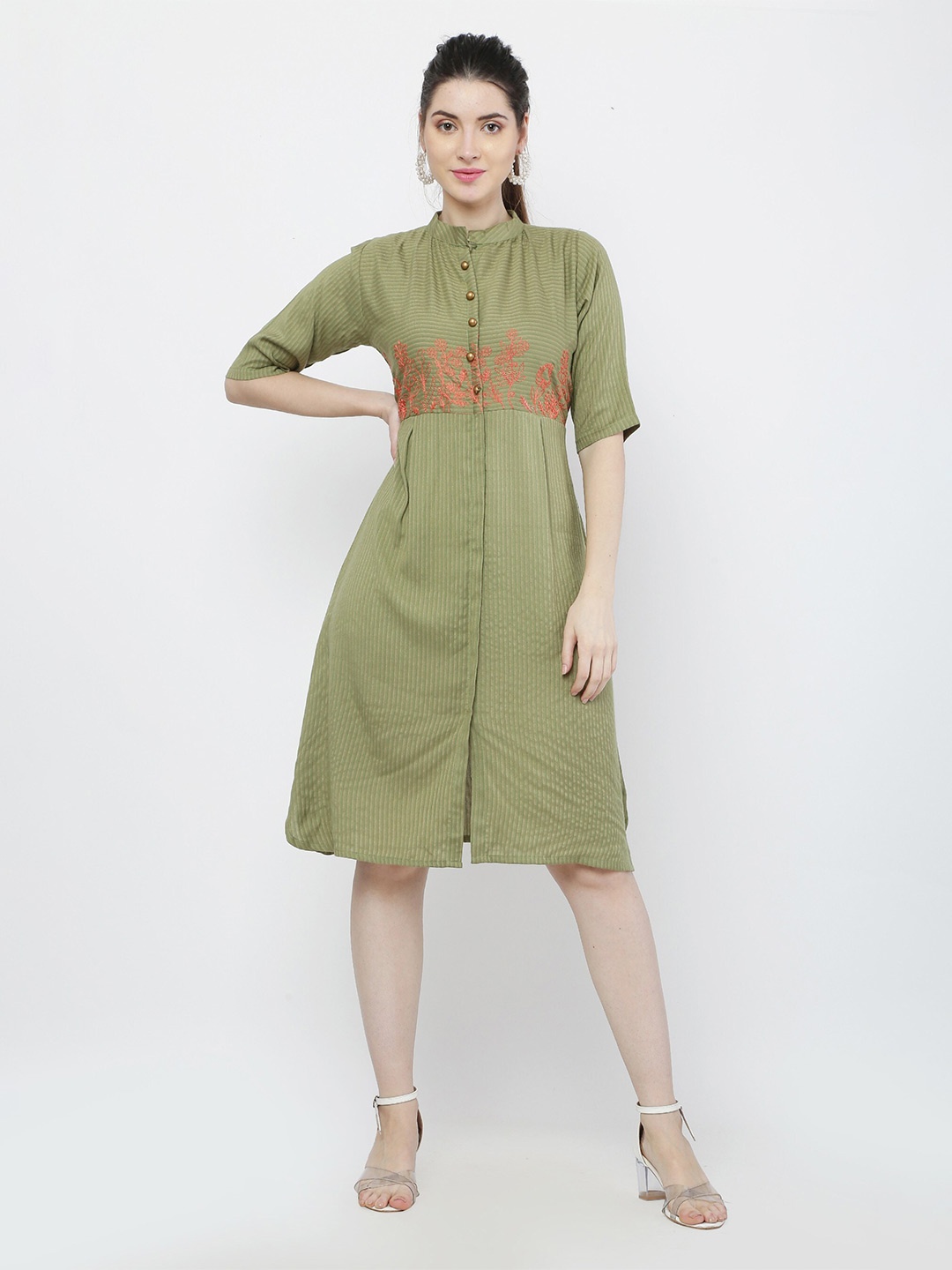 

Kiwie Striped Mandarin Collar Embroidered Shirt Dress, Green