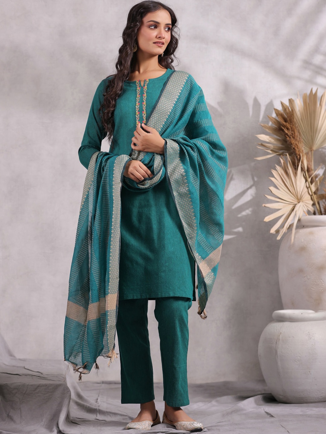 

Anubhutee Ethnic Motifs Yoke Design Thread Work Pure Cotton Kurta with Trousers & Dupatta, Teal