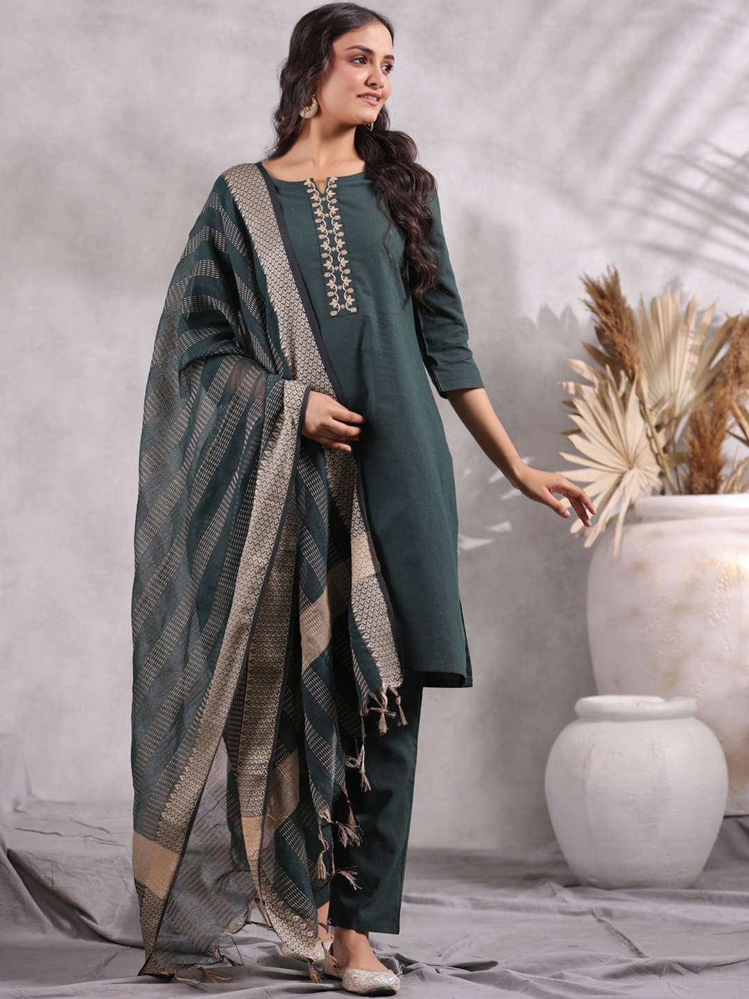 Anubhutee Ethnic Motifs Emrboidered Sequined Pure Cotton Kurta with Trousers 