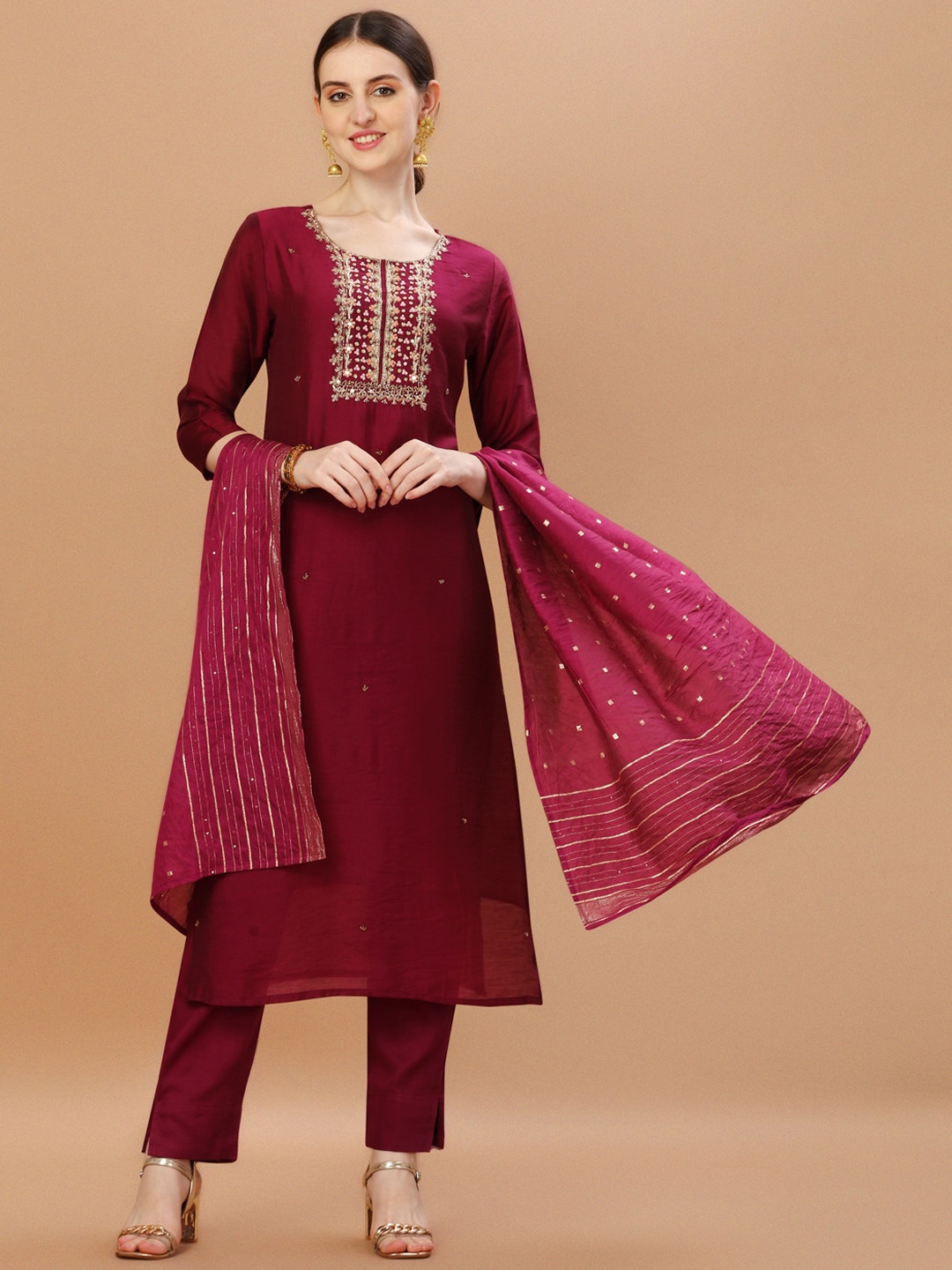 

Berrylicious Ethnic Yoke Design Thread Work Chanderi Cotton Kurta With Trousers & Dupatta, Burgundy