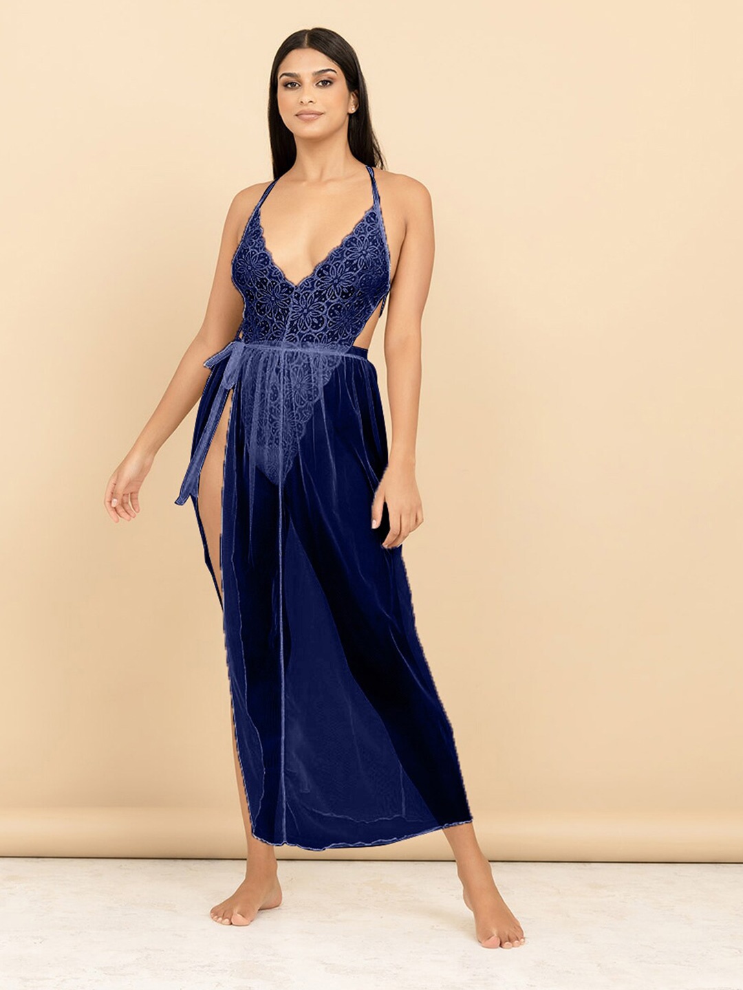 

FIMBUL Self Design Shoulder Straps Net Baby Doll, Navy blue