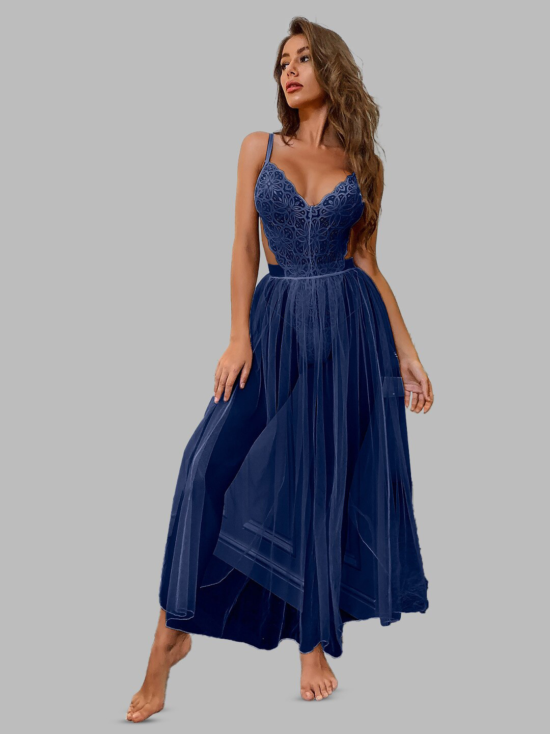 

FIMBUL Self Design Shoulder Straps Tie-Ups Net Baby Doll, Navy blue