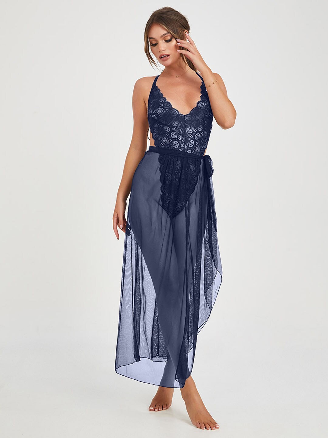 

FIMBUL Self Design Shoulder Straps Net Baby Doll, Navy blue