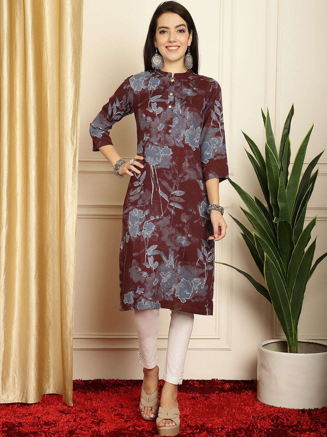 

Anouk Floral Printed Mandarin Collar Kurta, Maroon