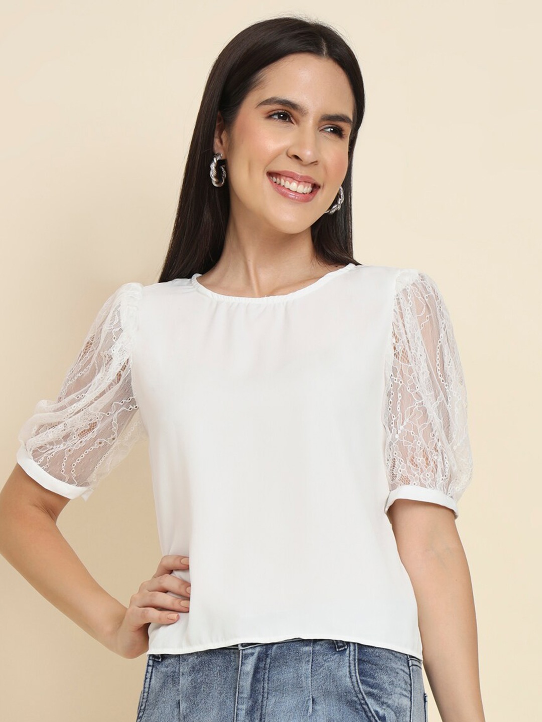 

HERE&NOW White Self Design Puff Sleeves Net Top