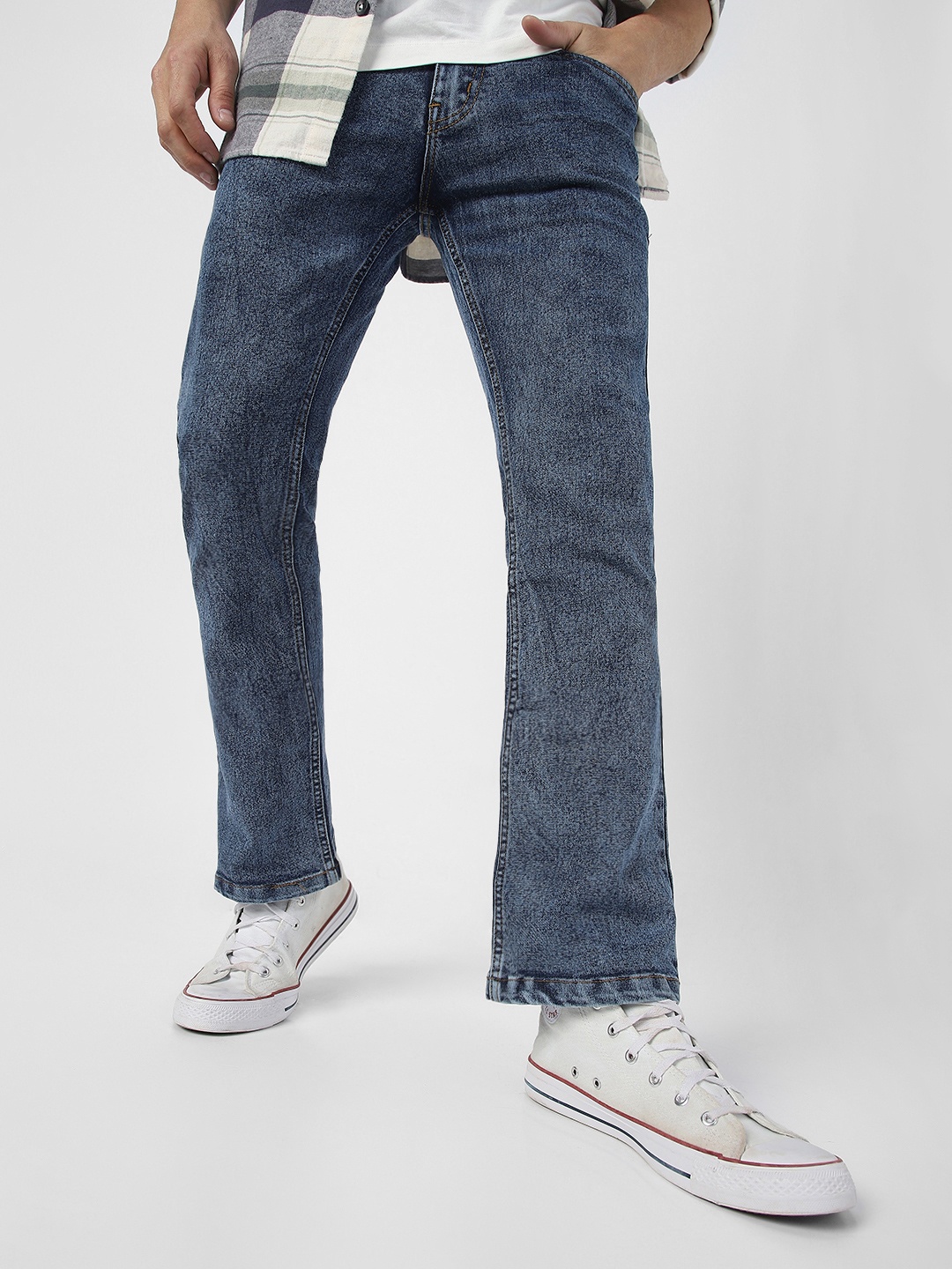 

Urbano Fashion Men Bootcut Heavy Fade Clean Look Stretchable Jeans, Navy blue