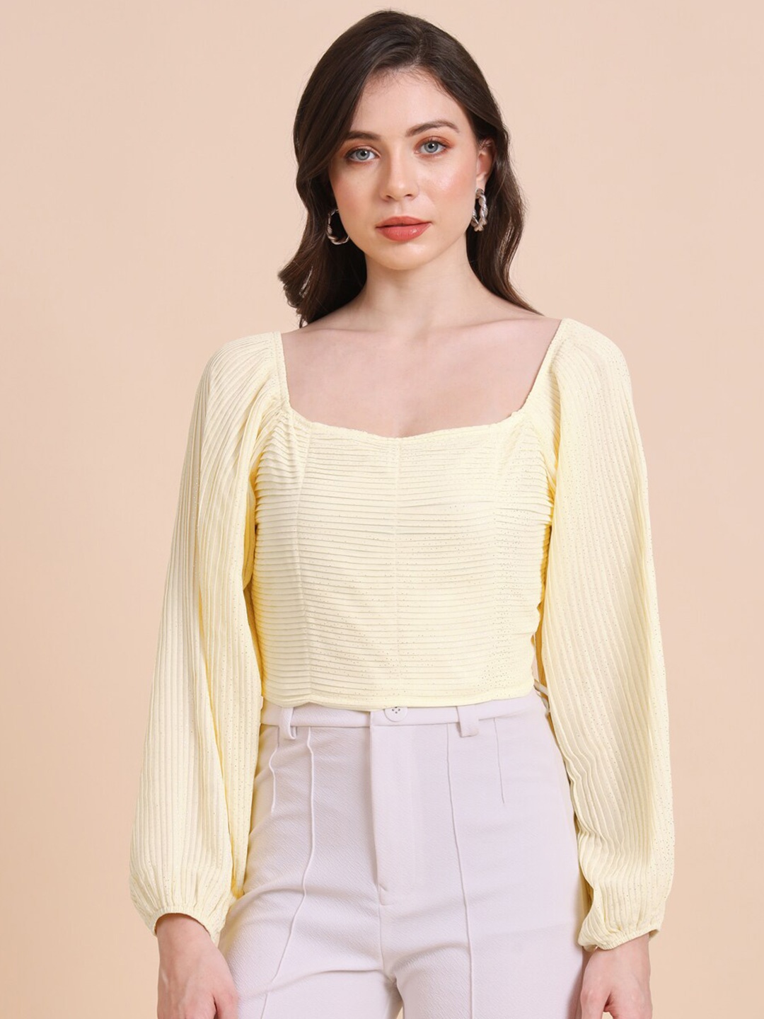 

HERE&NOW Yellow Square Neck Puff Sleeve Accordion Pleats Crop Top