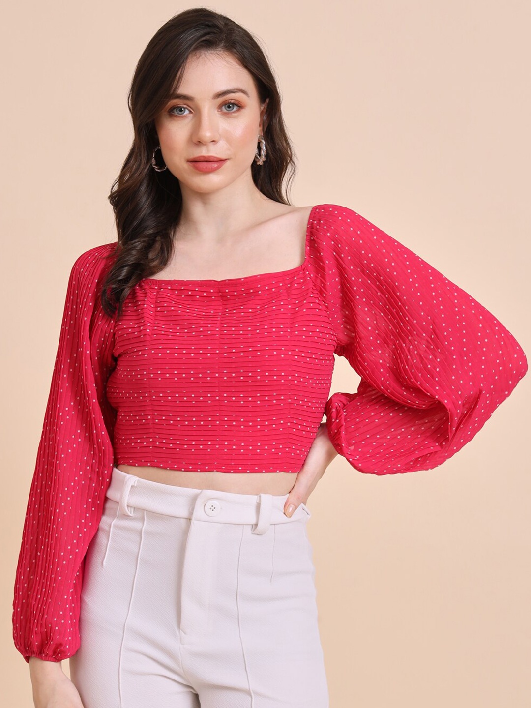 

HERE&NOW Red Polka Dot Printed Square Neck Puff Sleeves Accordion Pleats Crop Top