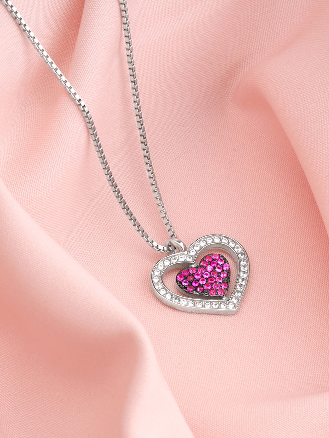 

GIVA Rhodium-Plated CZ Studded Blushing Heart Pendant With Link Chain, Silver