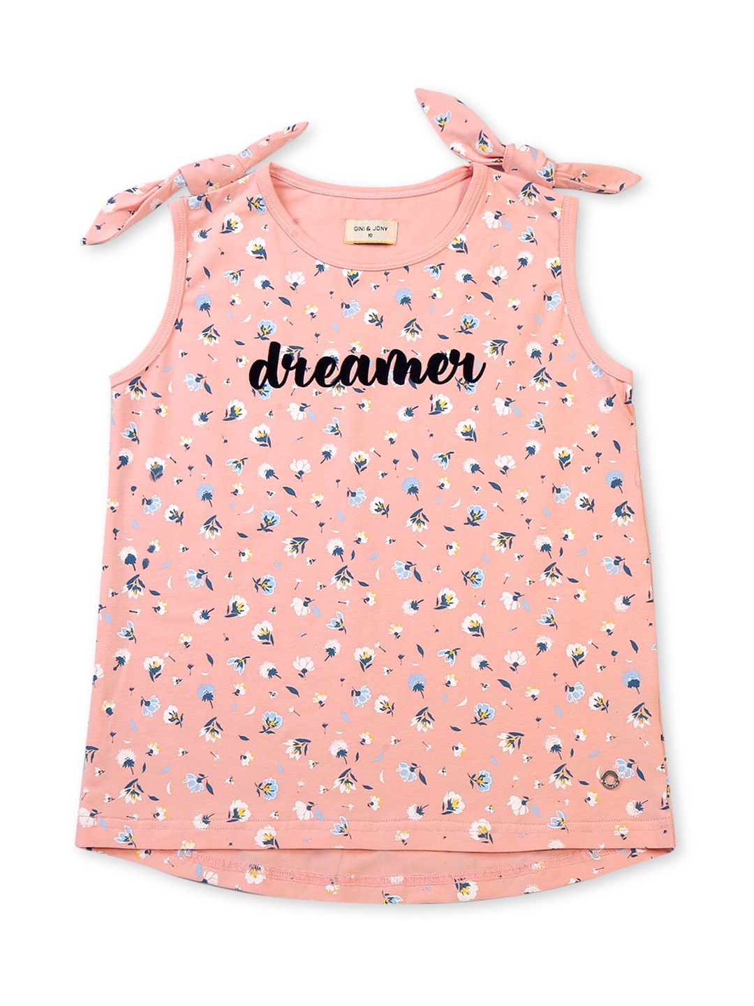 

Gini and Jony Girls Floral printed Round Neck Sleeveless Tie-Up Cotton Top, Pink