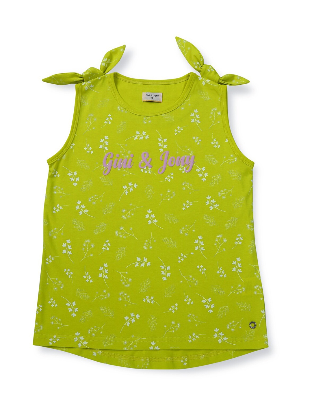 

Gini and Jony Girls Floral printed Round Neck Sleeveless Tie-Up Cotton Top, Green