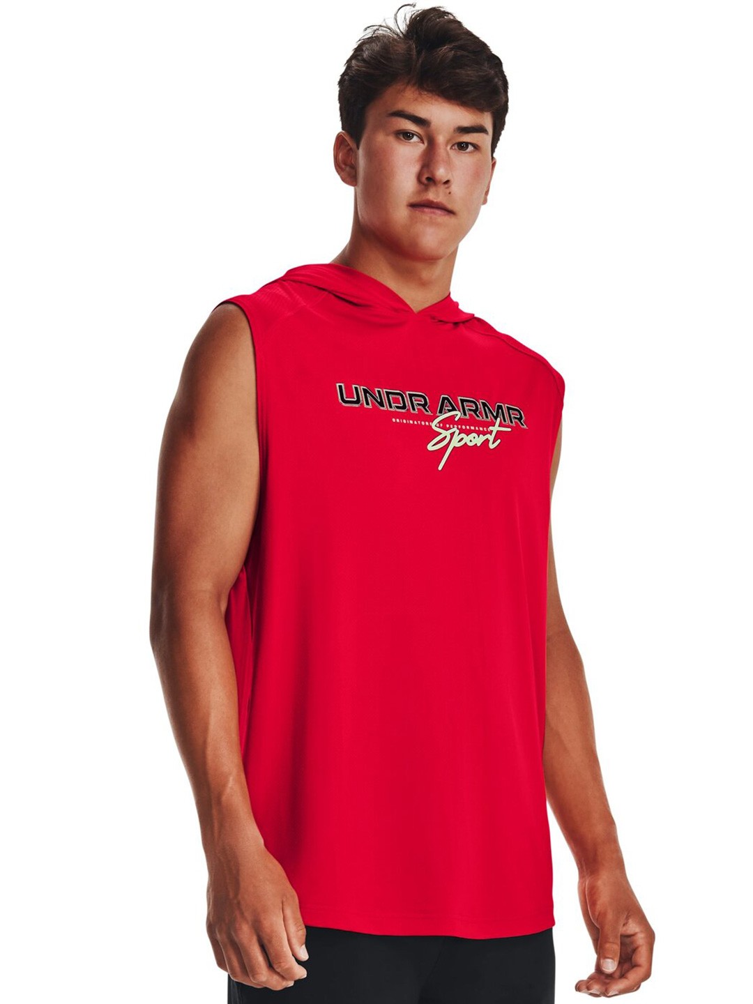 

UNDER ARMOUR Typographic Printed Mesh Sport Sleeveless Relaxed Fit Hooded T-Shirt, Red
