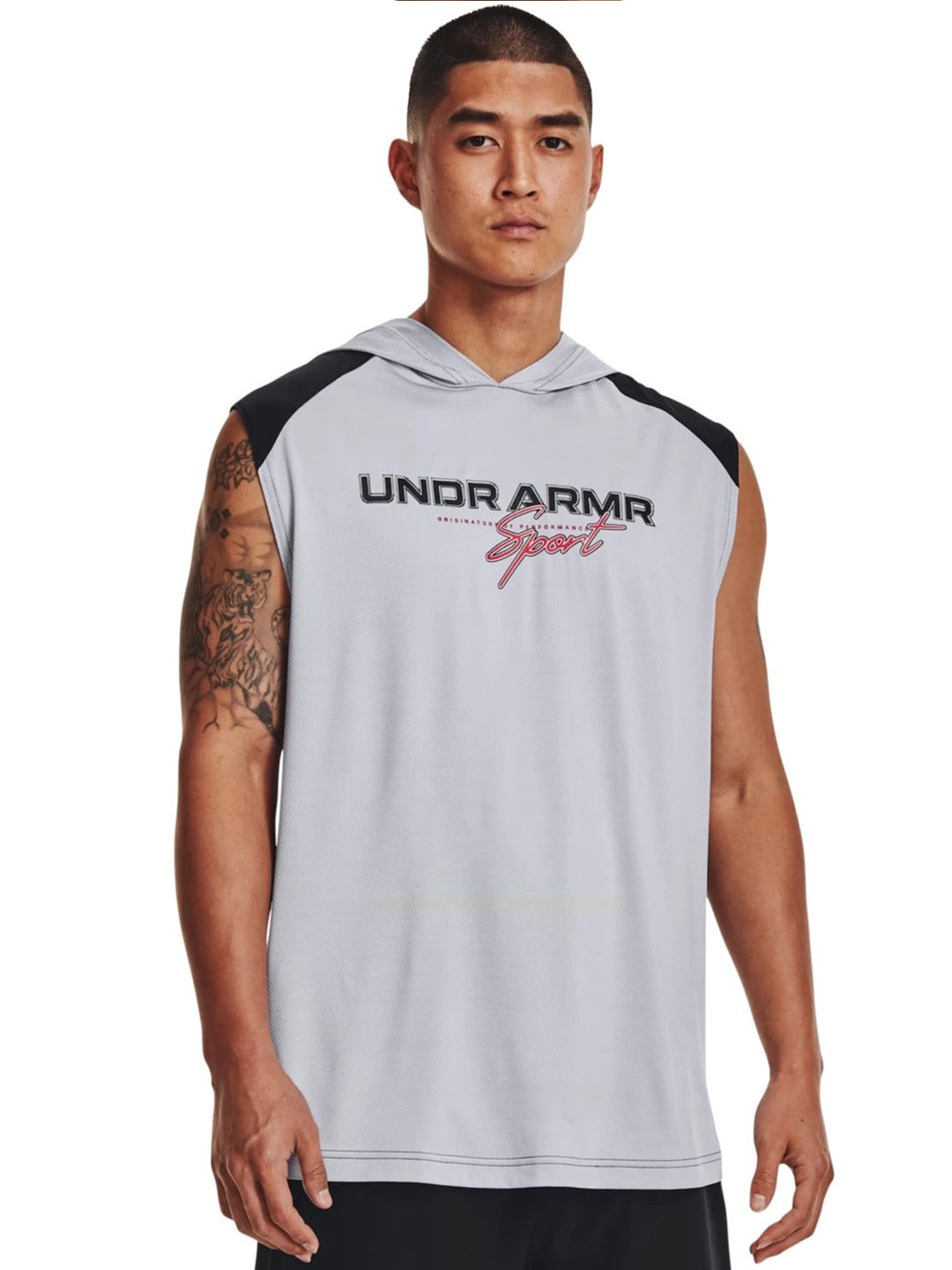 

UNDER ARMOUR Typographic Printed Hooded Sleeveless Relaxed Fit Sports T-Shirt, Grey