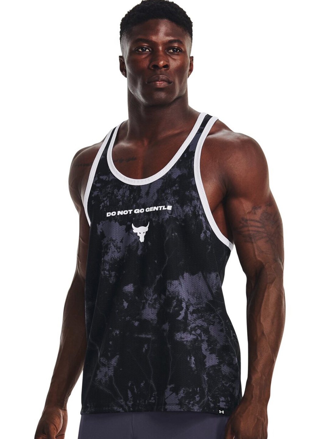 

UNDER ARMOUR Project Rock Typographic Printed Mesh Relaxed Fit Training Tank T-Shirt, Black