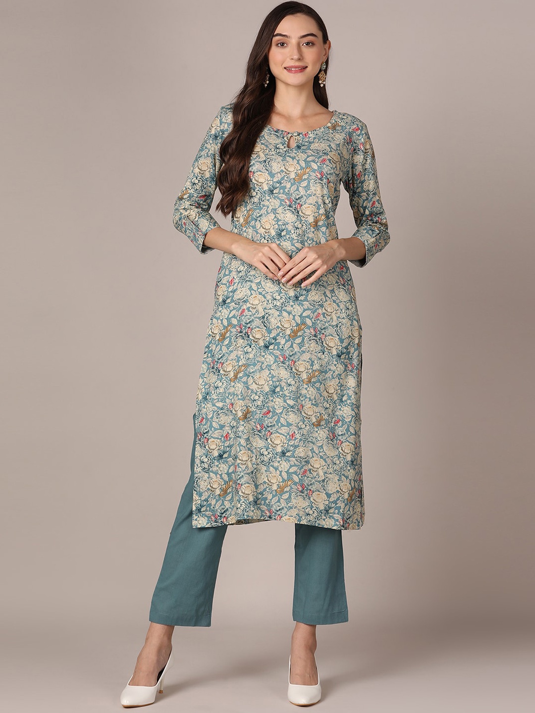 

AHIKA Floral Printed Round Neck Sequinned Kurta, Teal