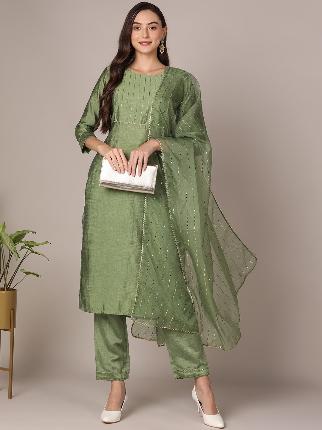 

AHIKA Striped Yoke Design Gotta Patti Straight Kurta With Trousers & Dupatta, Green