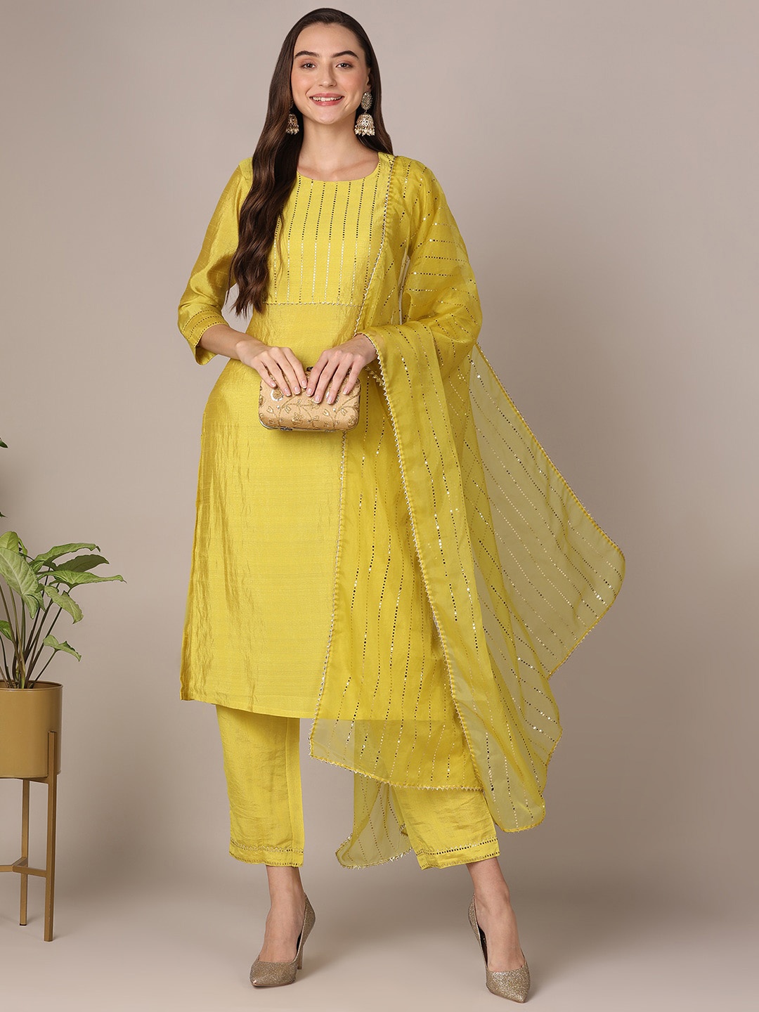 

AHIKA Yellow Round Neck Regular Gotta Patti Kurta With Trousers & Dupatta