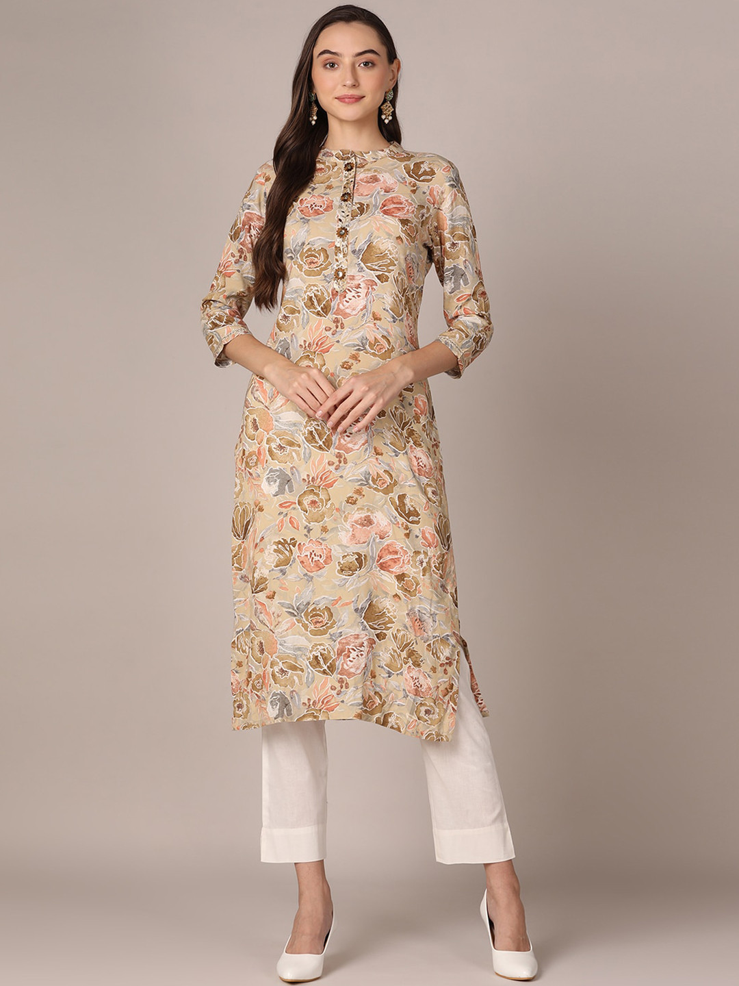 

AHIKA Floral Printed Mandarin Collar Sequinned Kurta, Cream