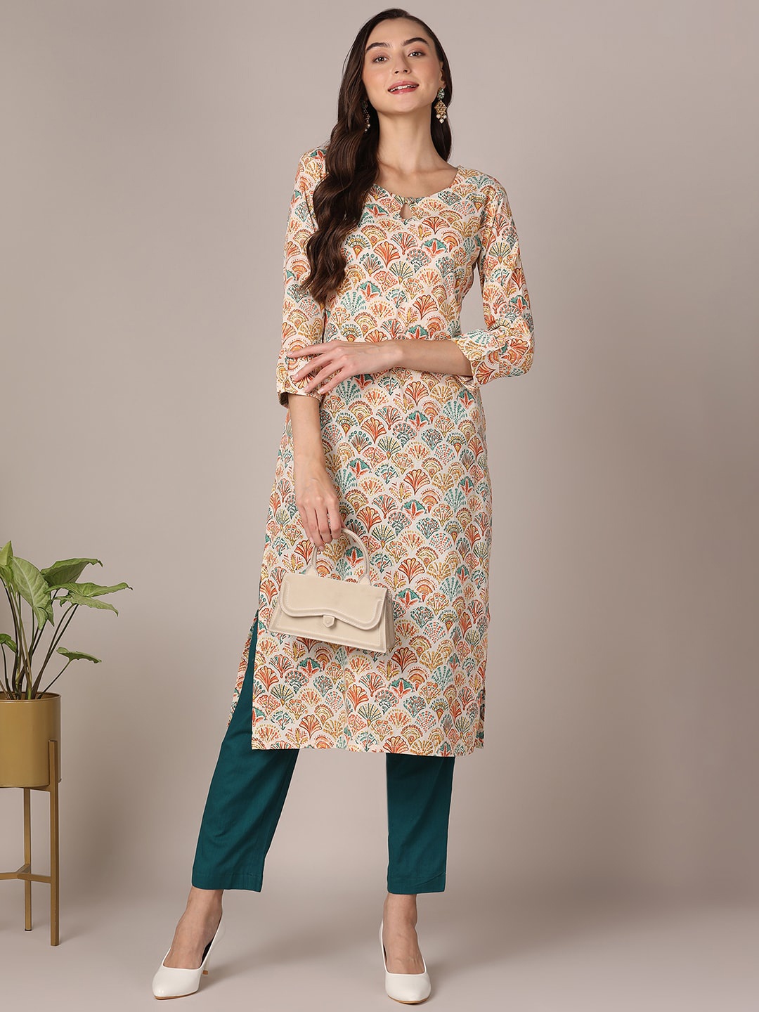

AHIKA Ethnic Motif Printed Keyhole Neck Cotton Straight Kurta, White