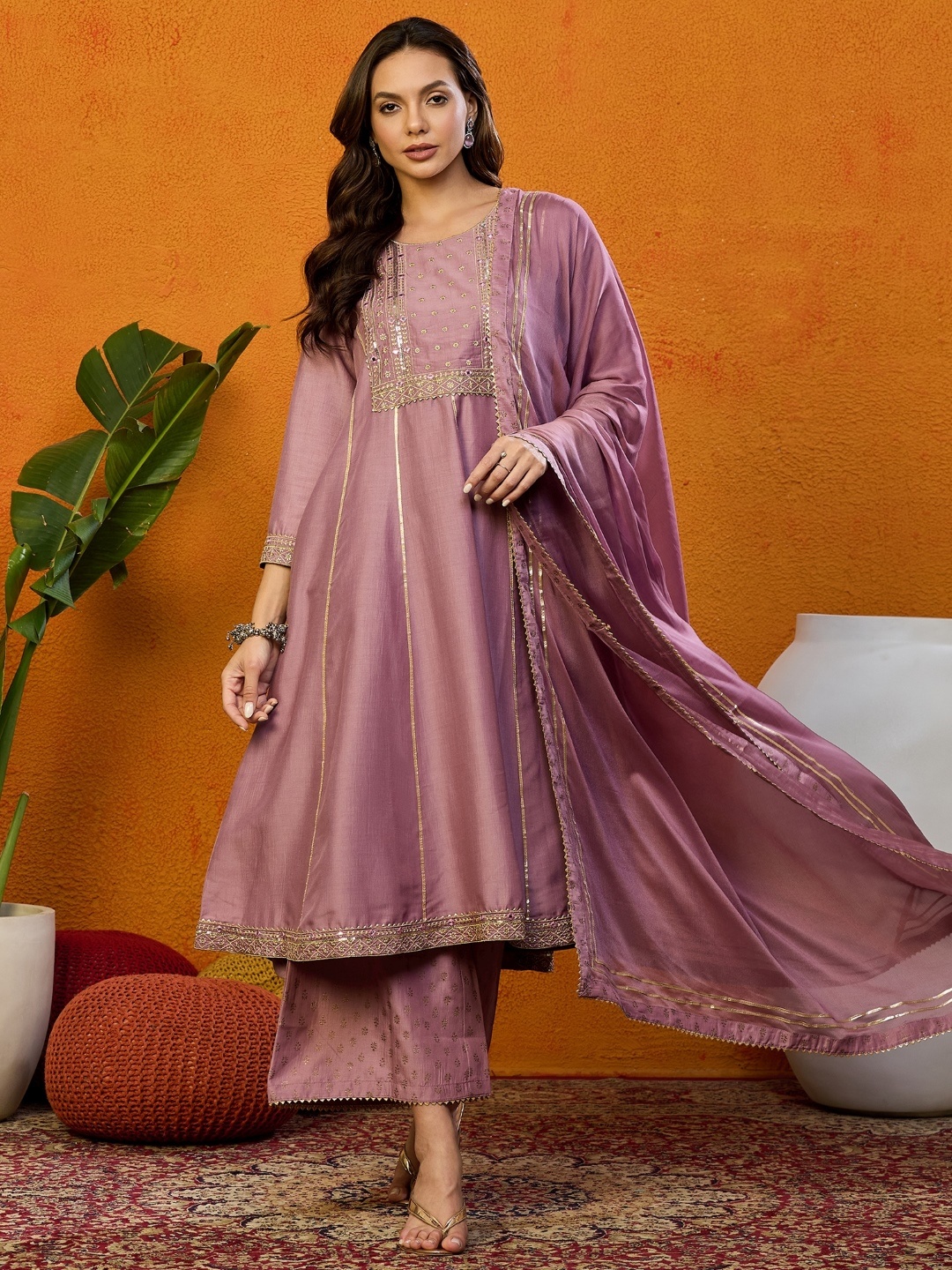 

AHIKA Ethnic Motifs Yoke Design Mirror Work Anarkali Kurta With Palazzos & Dupatta, Pink