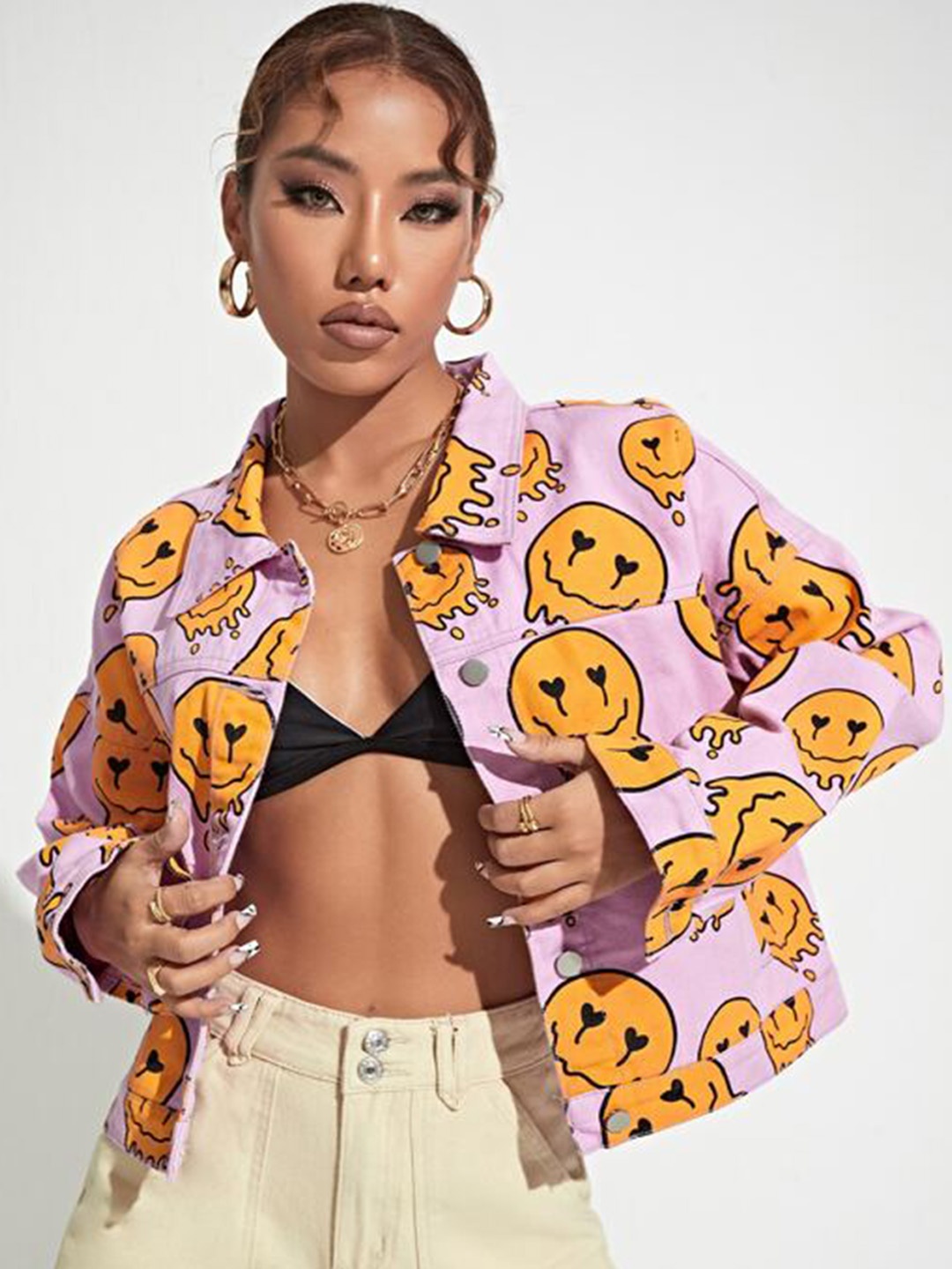 MAZIE Graphic Printed Crop Denim Jacket, Lavender