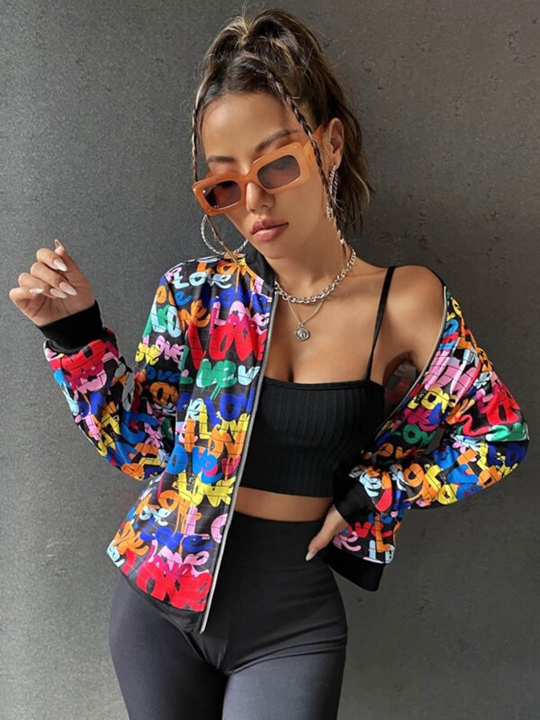 

MAZIE Typography Printed Stand Collar Bomber Jacket, Black