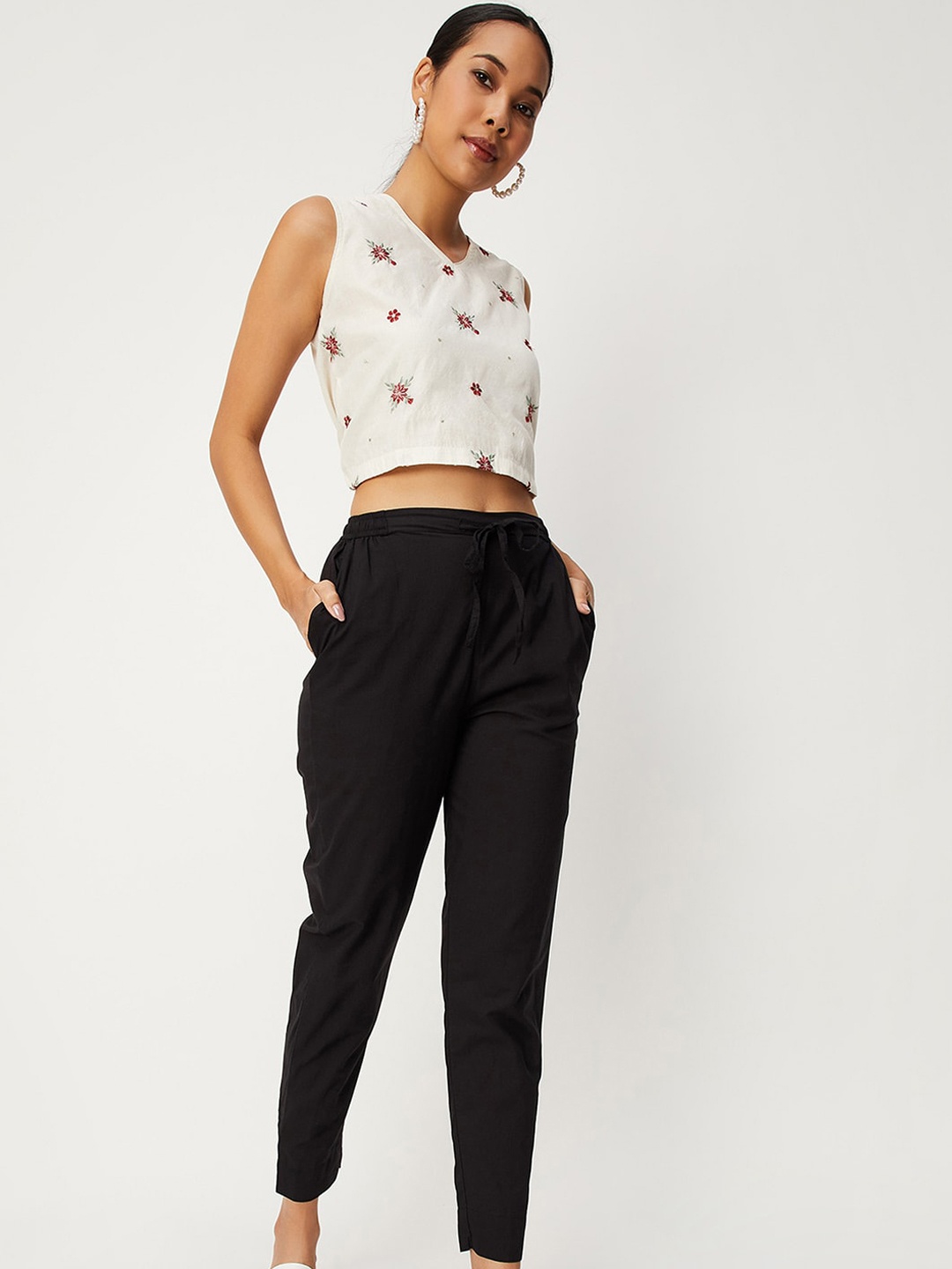 

max Women Regular Fit Cotton Cigarette Trousers, Black