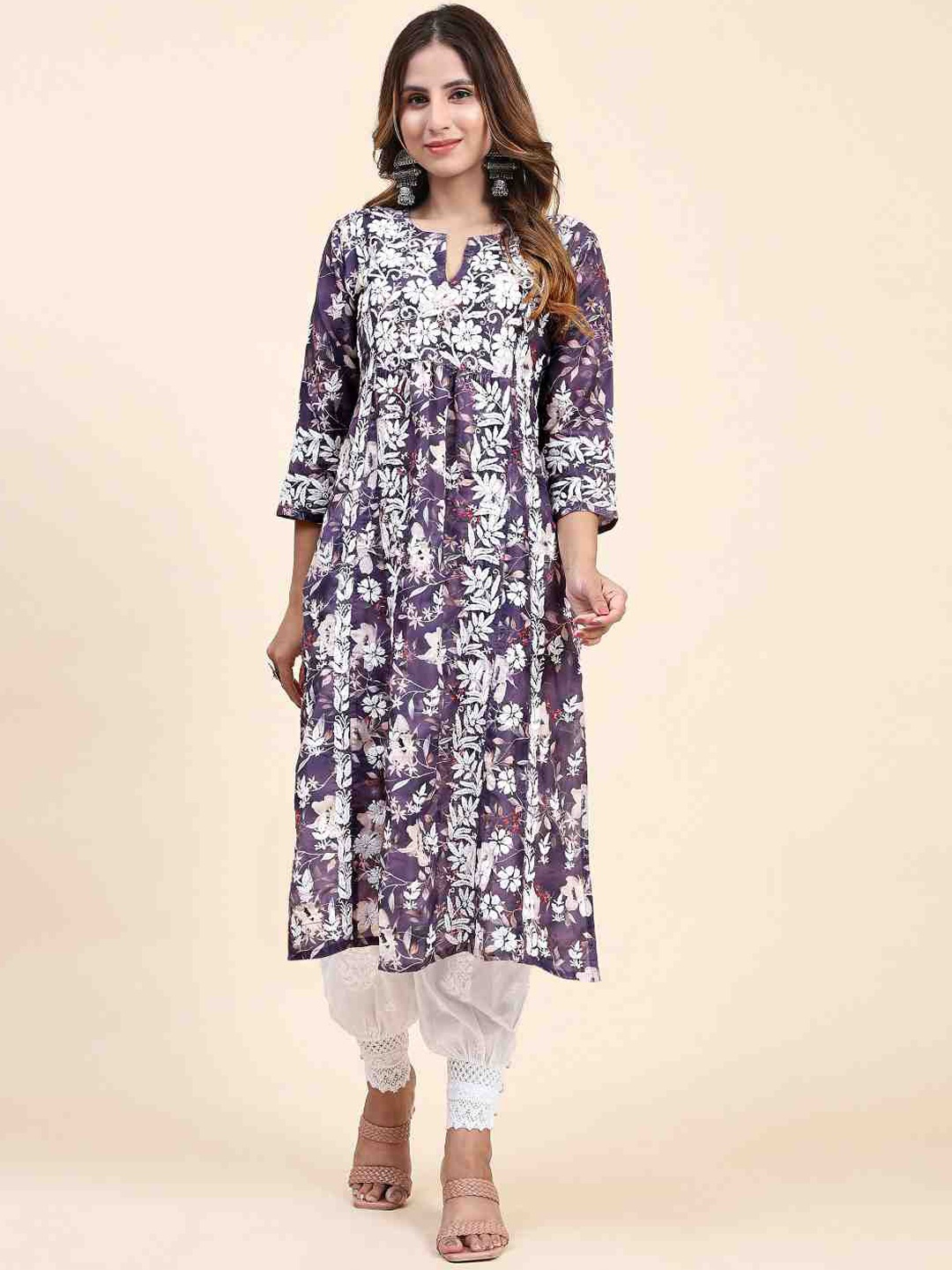 

HOUSE OF KARI Floral Printed Chikankari Work Kurta, Purple