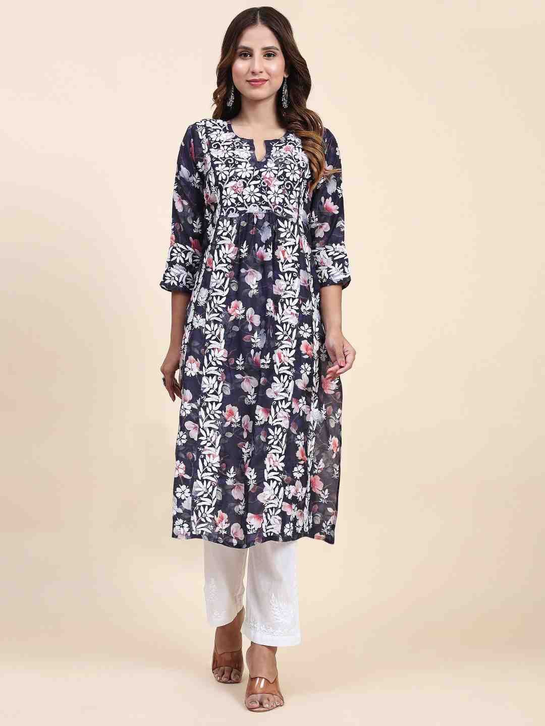 

HOUSE OF KARI Floral Printed Thread Work Straight Kurta, Blue
