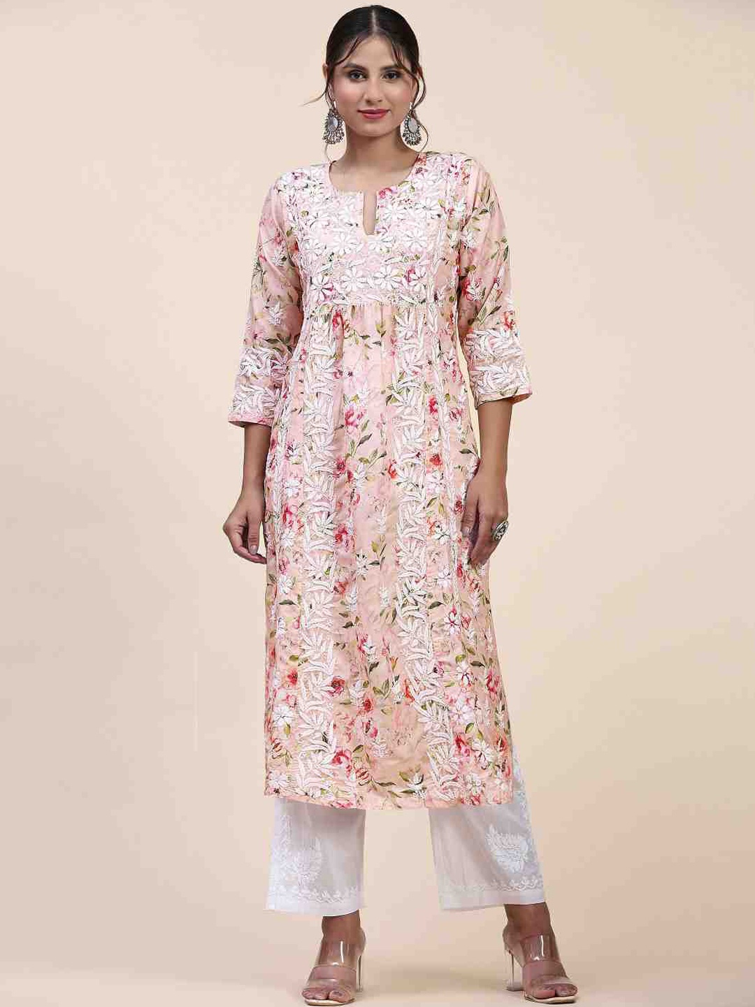 

HOUSE OF KARI Floral Printed Chikankari Work Cotton A-Line Kurta, Pink