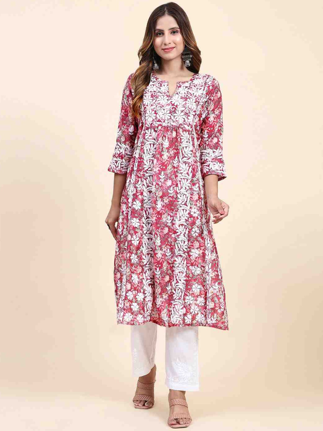 

HOUSE OF KARI Floral Printed Chikankari Work Cotton A-Line Kurta, Red