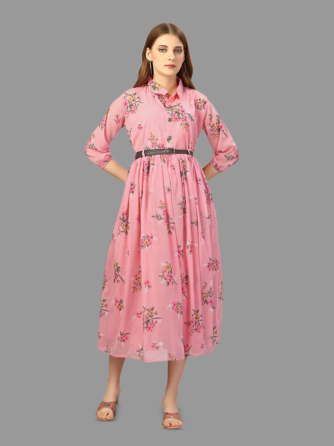 

WORIVOC Floral Printed Belted Georgette A Line Midi Dress, Pink