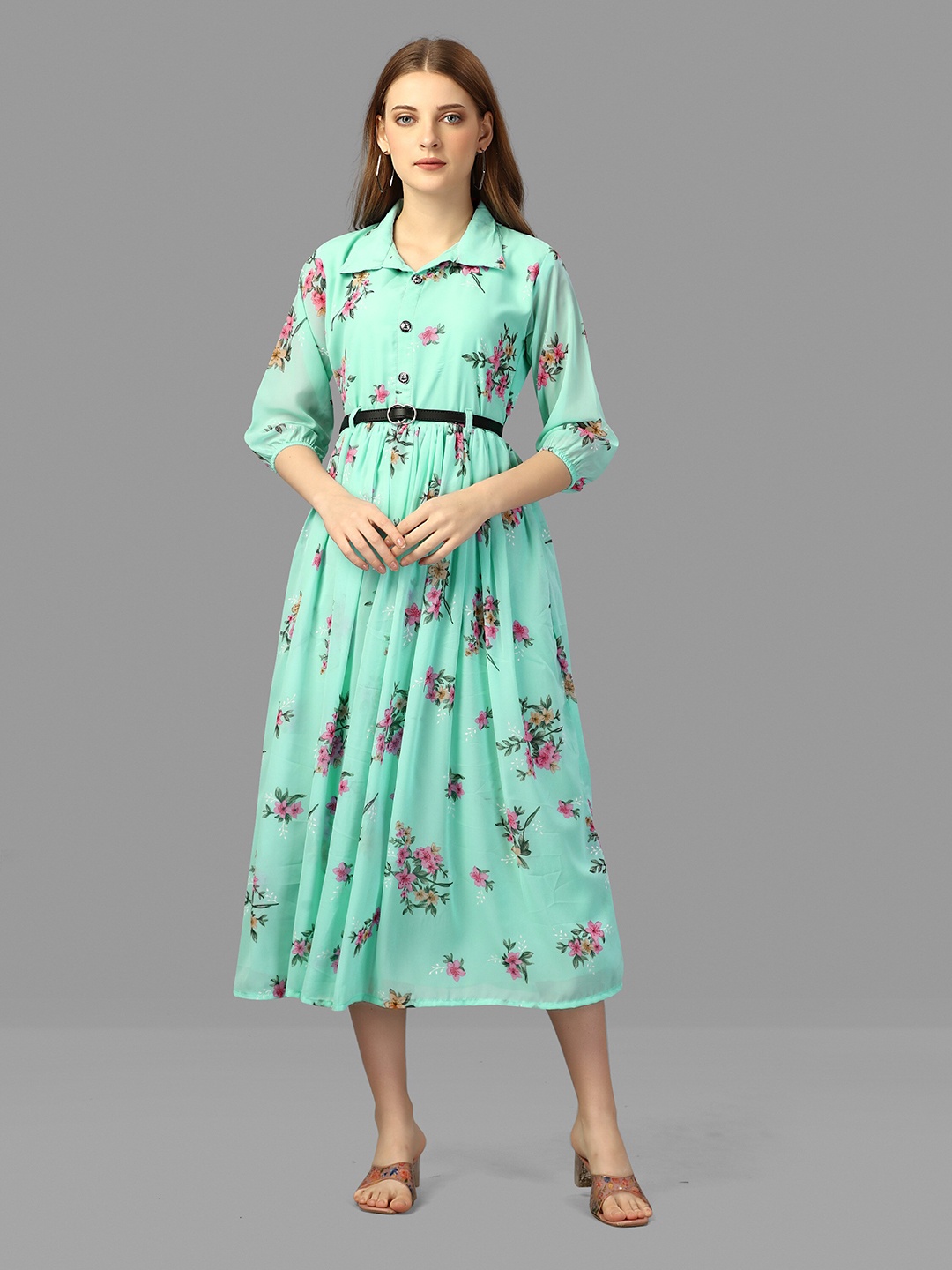 

WORIVOC Floral Printed Belted Georgette Fit & Flare Dress, Blue