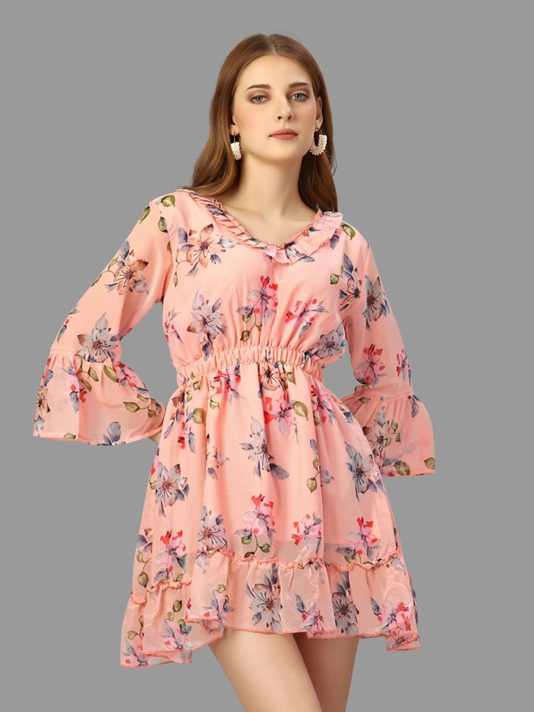 

WORIVOC Floral Printed Georgette Fit & Flare Dress, Peach