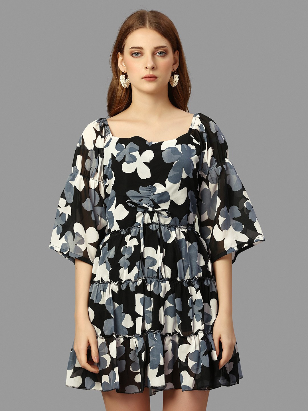 

WORIVOC Floral Printed Georgette Fit & Flare Mini Dress, Black