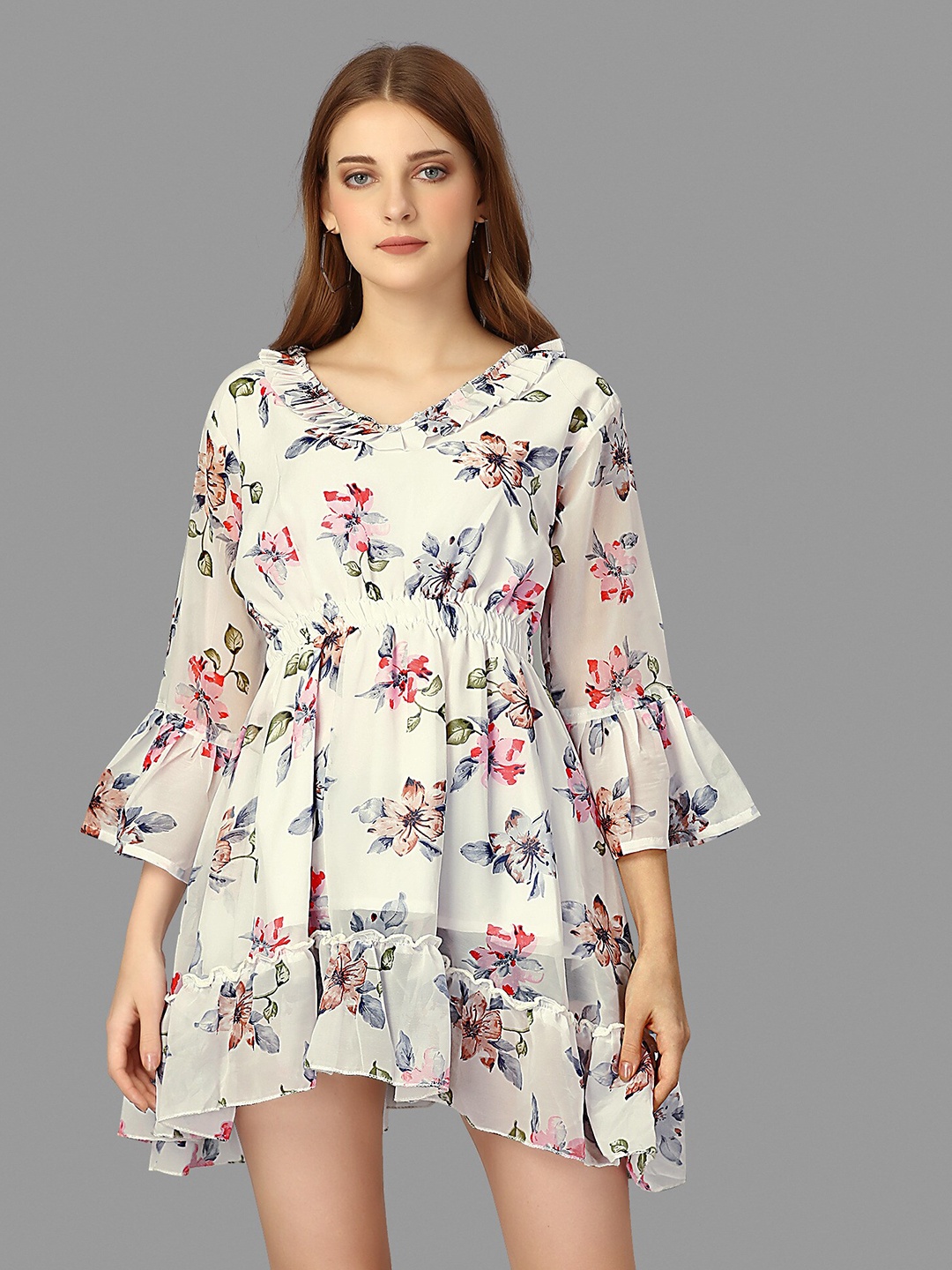 

WORIVOC Floral Printed Georgette Fit & Flare Dress, White