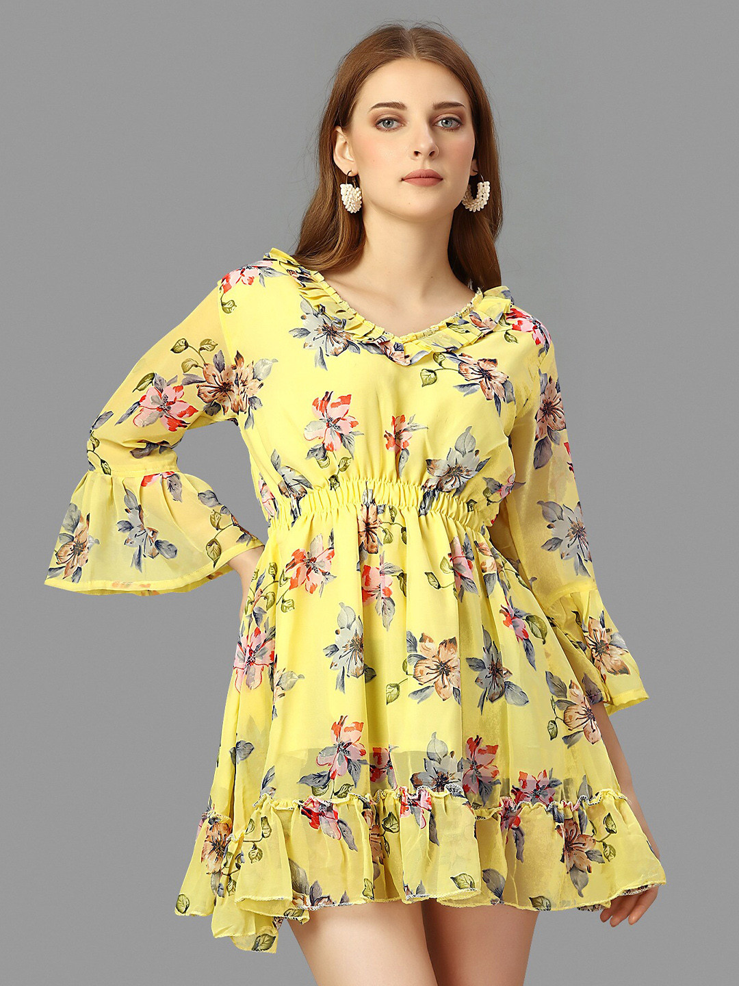 

WORIVOC Floral Printed Georgette Fit & Flare Mini Dress, Yellow