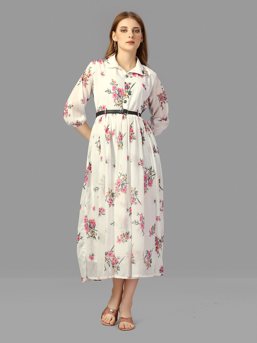 

WORIVOC Floral Printed Belted Georgette A Line Midi Dress, White