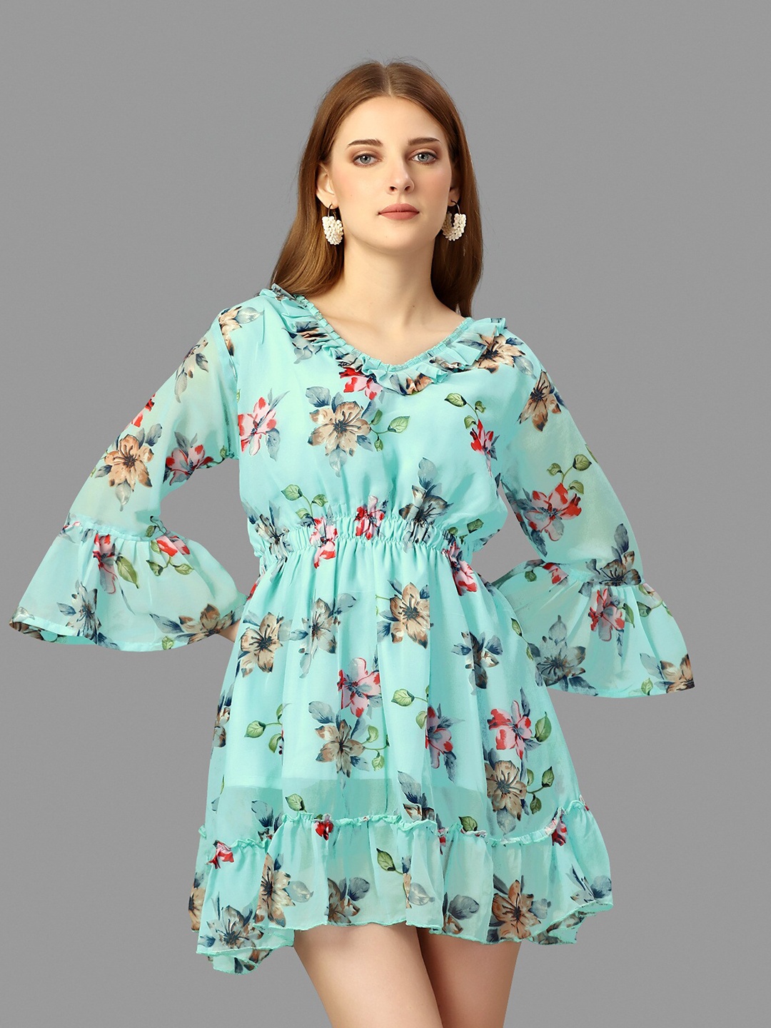 

WORIVOC Floral Printed Georgette Fit & Flare Mini Dress, Blue