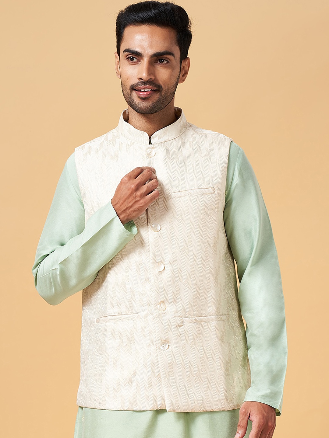 

indus route by Pantaloons Woven Design Ethnic Nehru Jacket, Off white