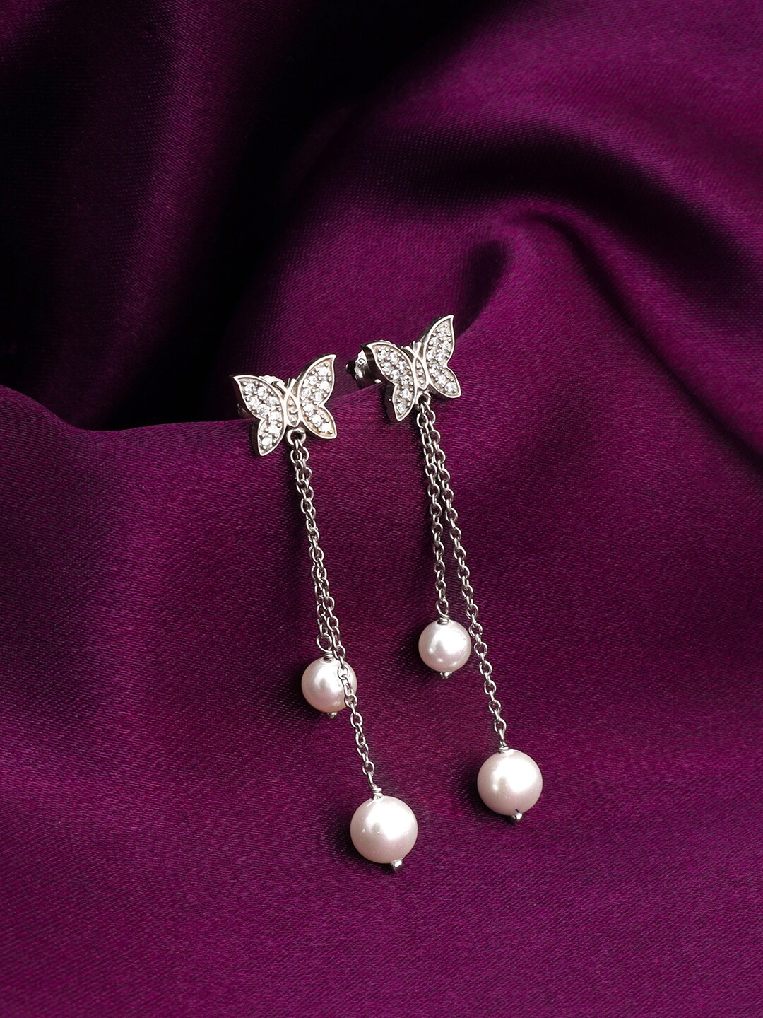 

GIVA Rhodium-Plated Pearl Beaded Contemporary Drop Earrings, Silver