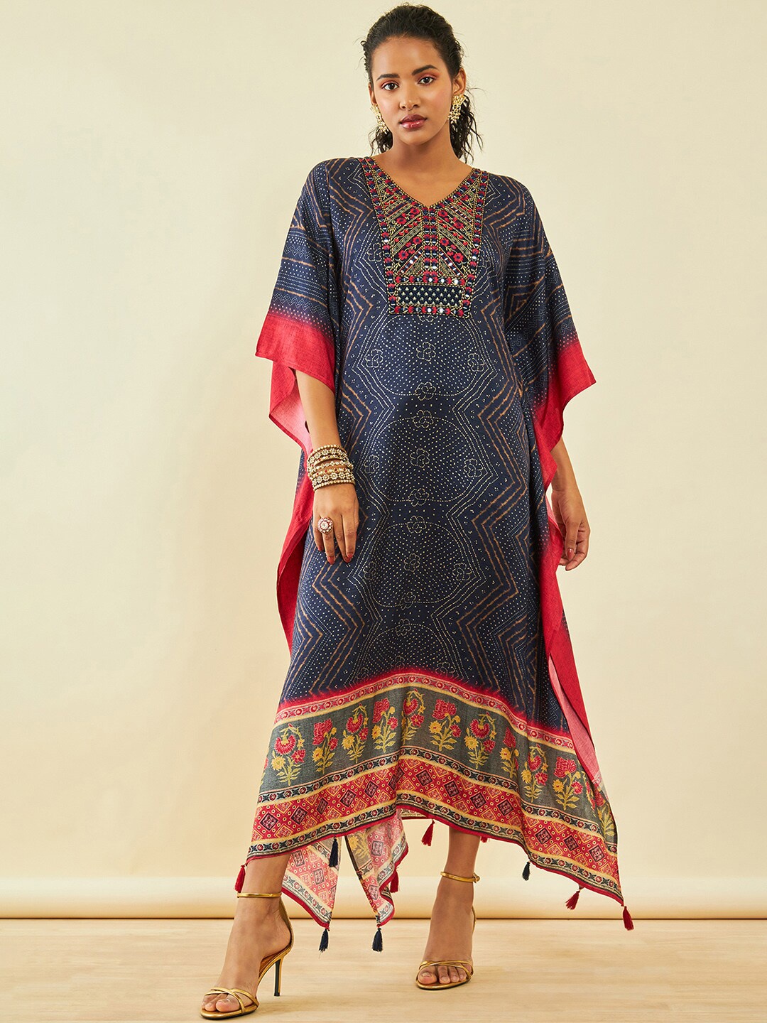 

Soch Ethnic Motifs Printed Mirror Work Kaftan Ethnic Dress, Navy blue