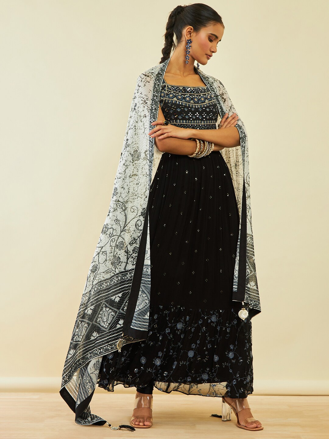 

Soch Black Ethnic Printed Shoulder Straps Gathered Georgette Maxi Ethnic Dress & Dupatta