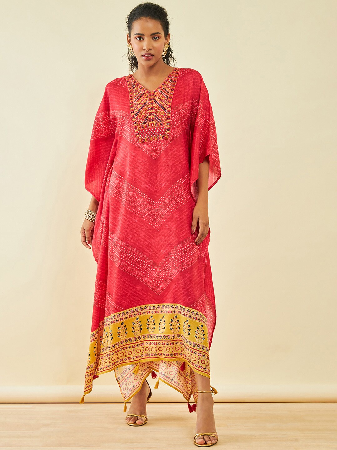

Soch Red Ethnic Printed V-Neck Kimono Sleeves Embroidered Kaftan Maxi Ethnic Dress