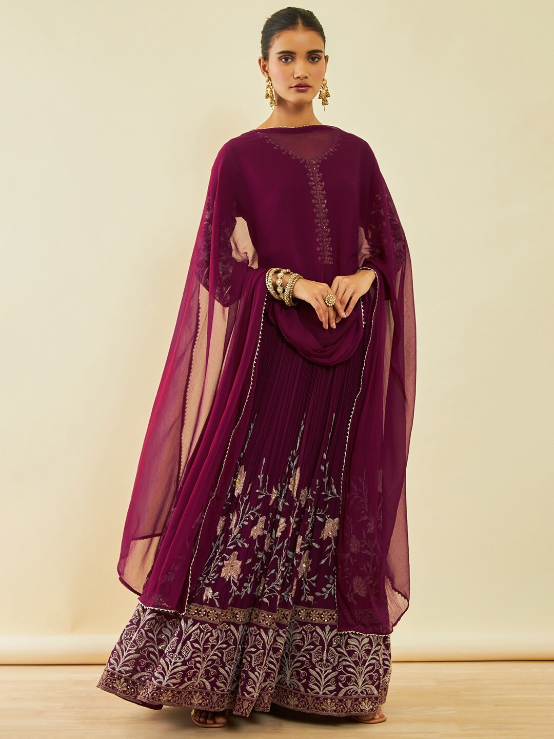 

Soch Maroon Floral Embroidered Anarkali Gotta Patti Kurta With Churidar & Dupatta