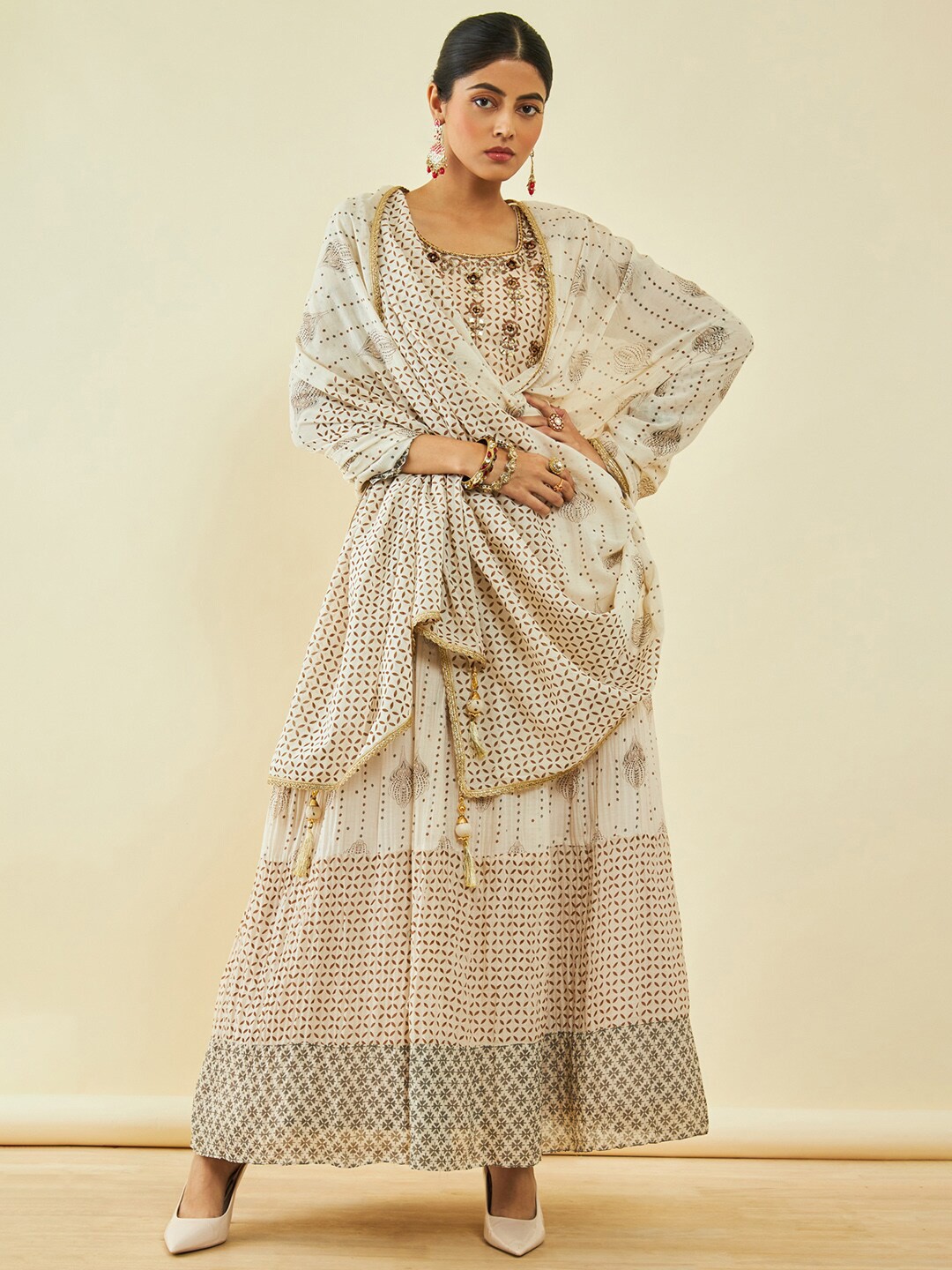

Soch Beige Ethnic Motifs Printed Anarkali Mirror Work Kurta With Churidar & Dupatta