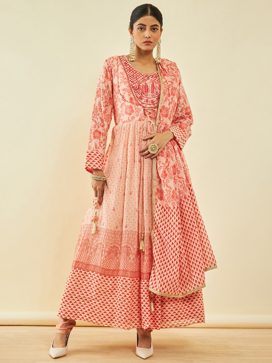 

Soch Ethnic Motifs Printed Kurta With Chridar & Dupatta, Peach