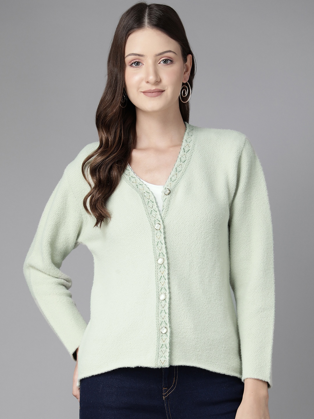 

Cayman Women Solid Woollen Cardigan, Sea green