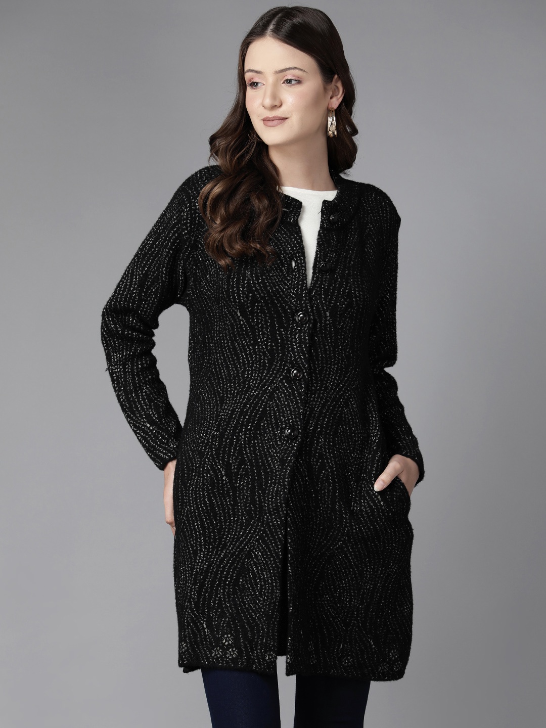 

Cayman Women Self Design Woollen Longline Cardigan, Black