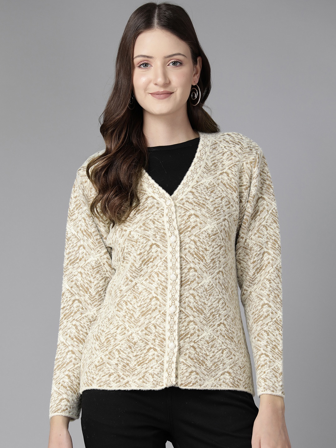 

Cayman Women Self Design Woollen Cardigan, Beige